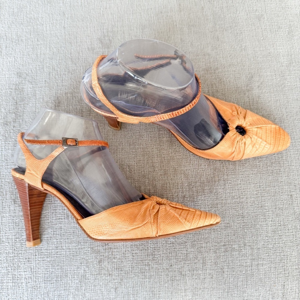 GIORGIO ARMANI Womens Croc Embossed Leather Heels Brown Tan Slingback Sz 38 1/2 - Picture 2 of 13